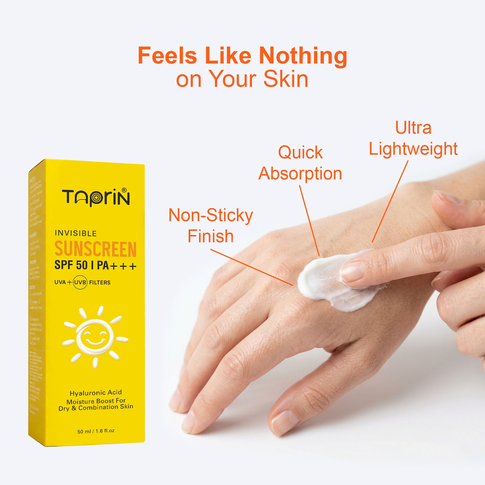Taprin Invisible Sunscreen — No White Cast, No Greasiness | SPF 50 PA+++ for Indian Skin (50ml)