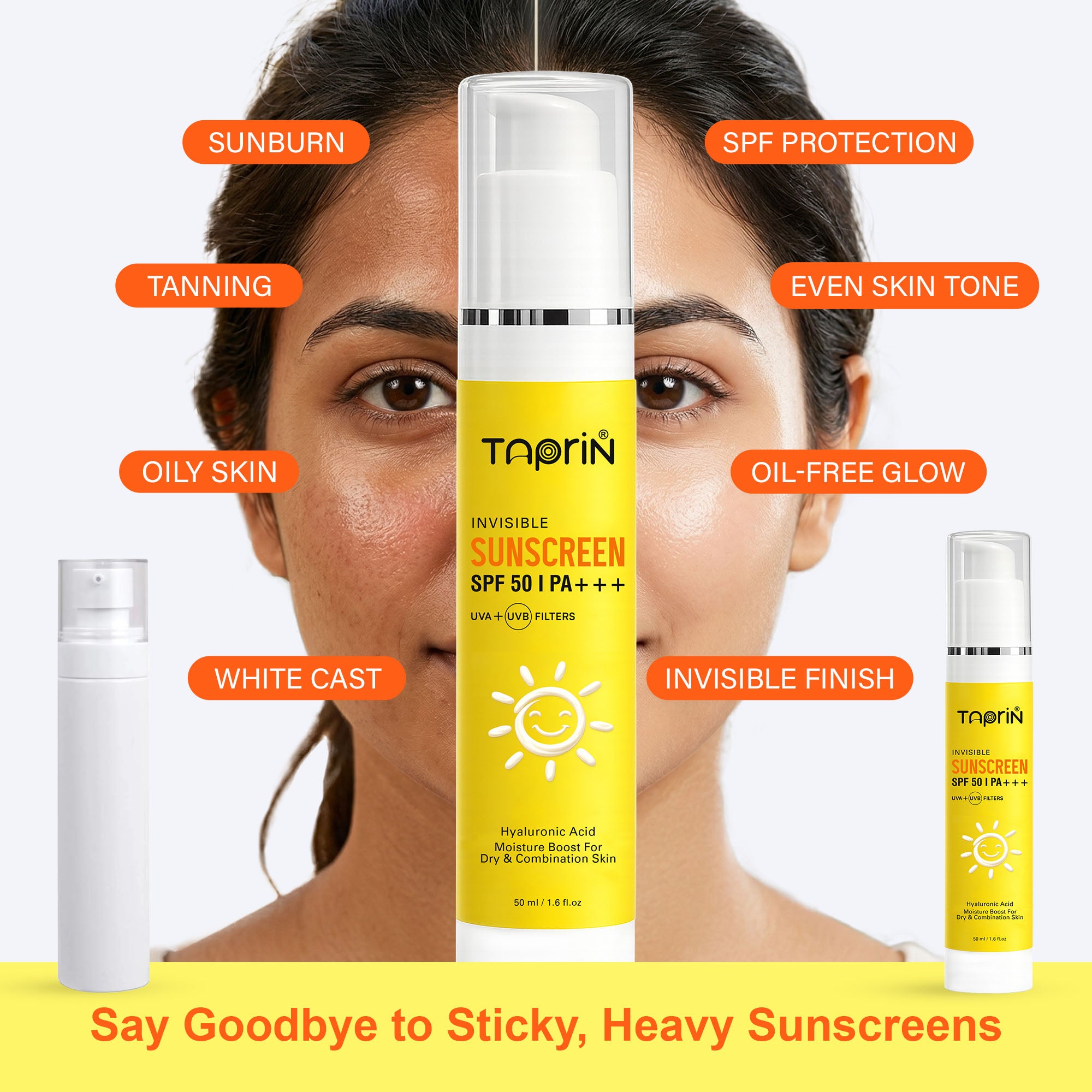 Taprin Invisible Sunscreen — No White Cast, No Greasiness | SPF 50 PA+++ for Indian Skin (50ml)
