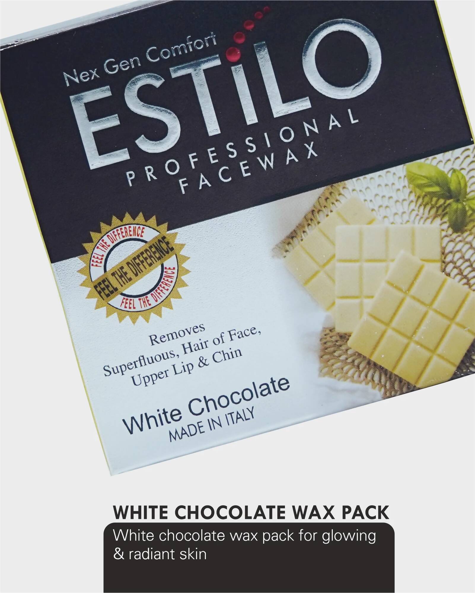 showing packaging of estilo white chocolate face wax